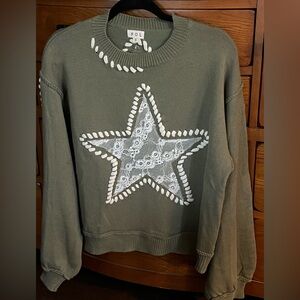 POL Olive Knit Sweater lace star and stitching S